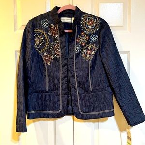 NWT-Alfred Dunner-San Antonio-Stretch Crinkle Navy Embellished Jacket-Sz 8P